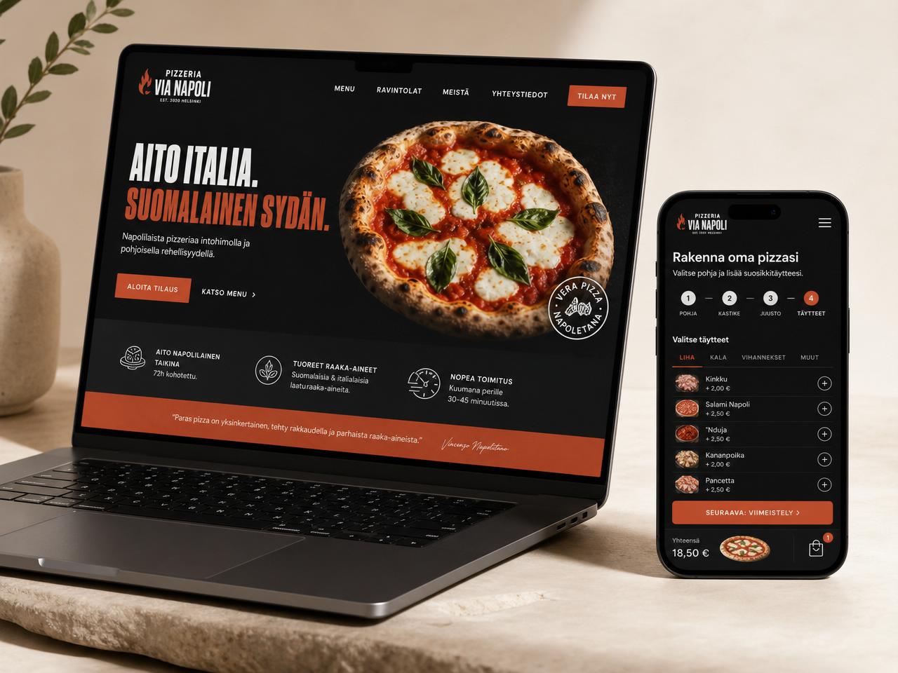 Pizzeria Nordicin moderni pizzanrakentaja sivusto läppärillä ja puhelimella