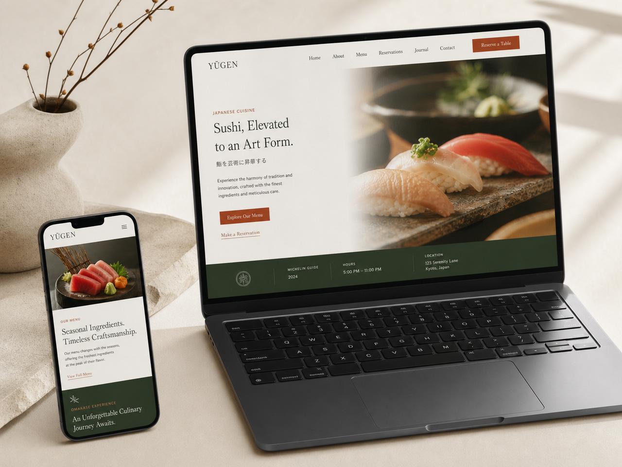Ravintola Sakuran premium sushi-sivusto läppärillä ja puhelimella
